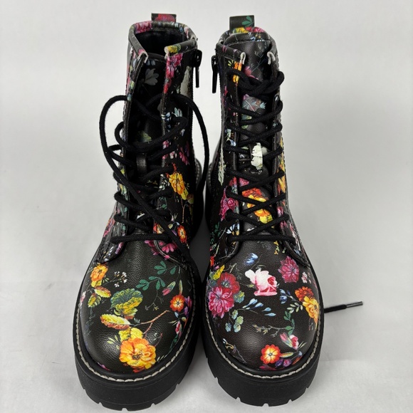 Madden Girl, Black Pink Floral Carra, Combat Boots, Size 5, Chunky Heel - Picture 3 of 10